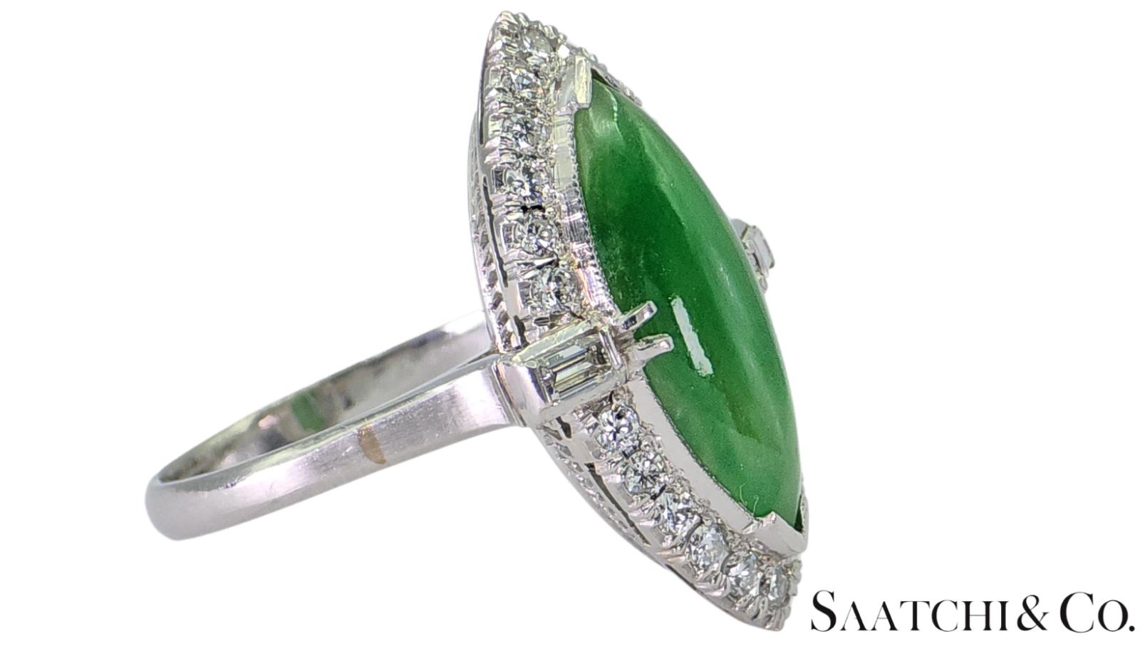 Vintage Platinum (950) - Natural Diamond & Jade: Ring, Size: 6.75