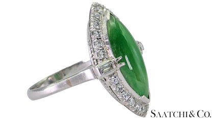 Vintage Platinum (950) - Natural Diamond & Jade: Ring, Size: 6.75