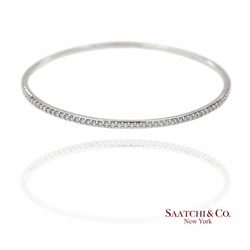14K (585) Solid White Gold All Around Natural Diamond Bangle Bracelet