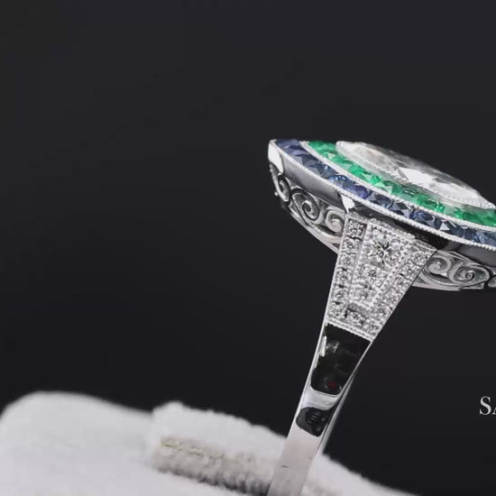 GIA_18K 750 Solid White Gold Natural Diamond Emerald and Sapphire Milgrain Ring