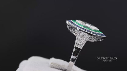GIA_18K 750 Solid White Gold Natural Diamond Emerald and Sapphire Milgrain Ring