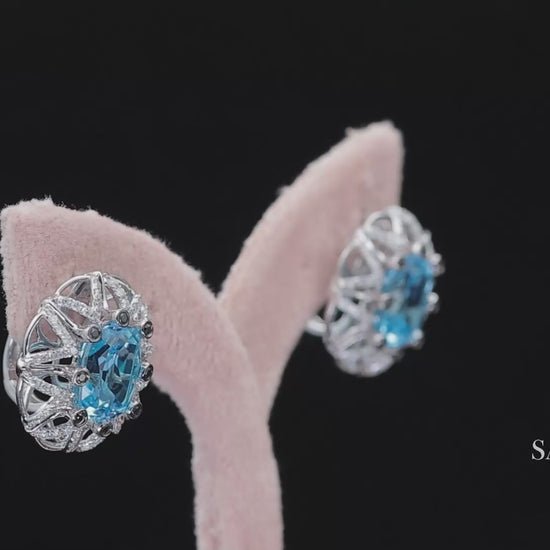 14k (585) White Gold Natural Blue Topaz and Diamond Earrings