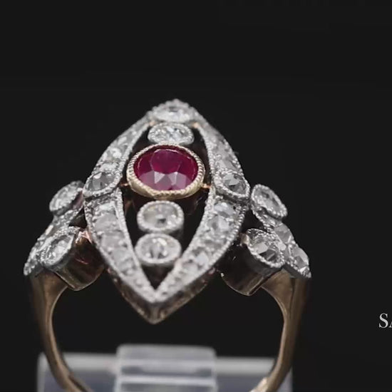 Vintage 14K(585) Yellow and White Gold Natural Diamond and Ruby Ring