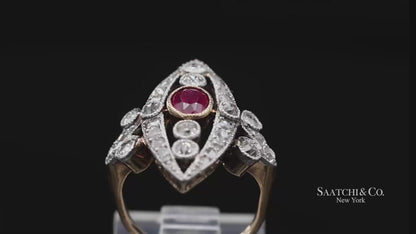 Vintage 14K(585) Yellow and White Gold Natural Diamond and Ruby Ring