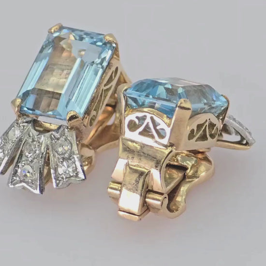 14k (585) Yellow Gold Vinatge Earring Natural Diamond & Aquamarine