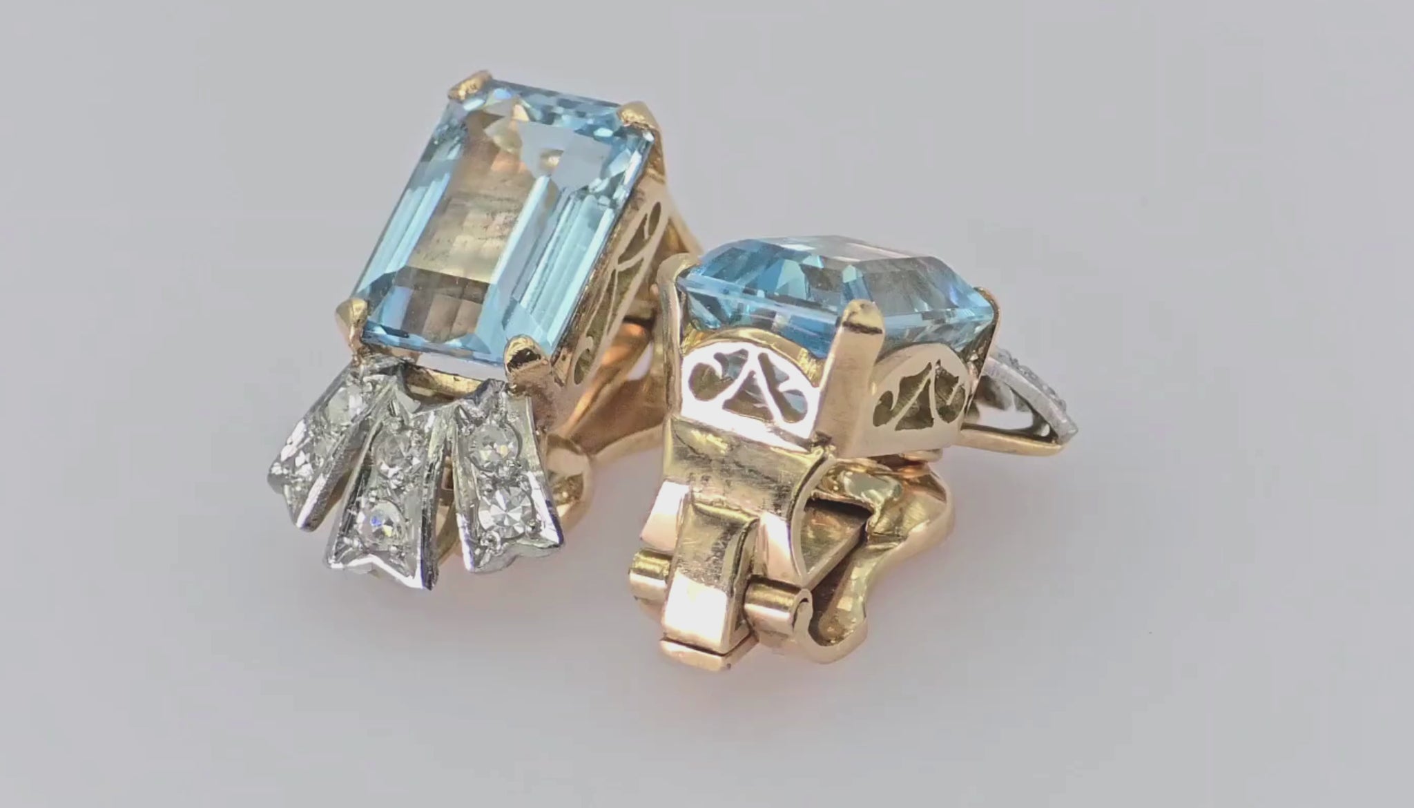 14k (585) Yellow Gold Vinatge Earring Natural Diamond & Aquamarine