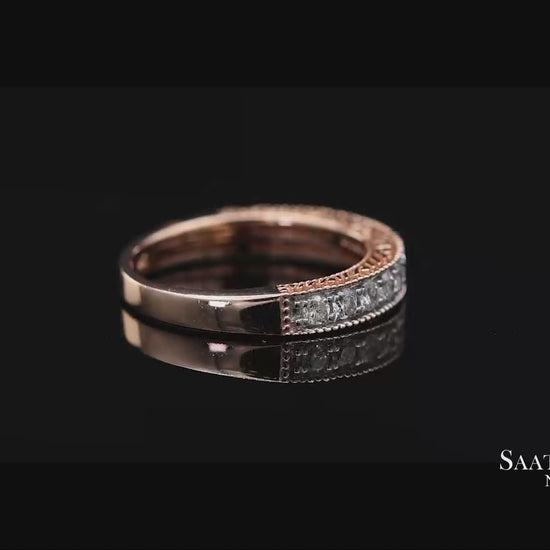 14K 585 Rose Gold Natural Diamond Milgrain Engraved Band Ring