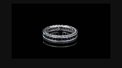 Vintage 14K (585) White Gold All Around Natural Sapphire Engraving Band Ring