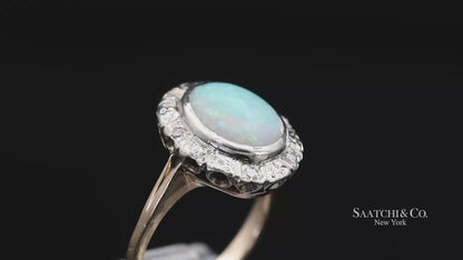 14K White and Yellow Gold Vintage Natural Diamond and Natural Opal Ring