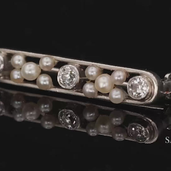 Platinum 950 Natural Round Pearl and Natural Diamond Brooch / Pin