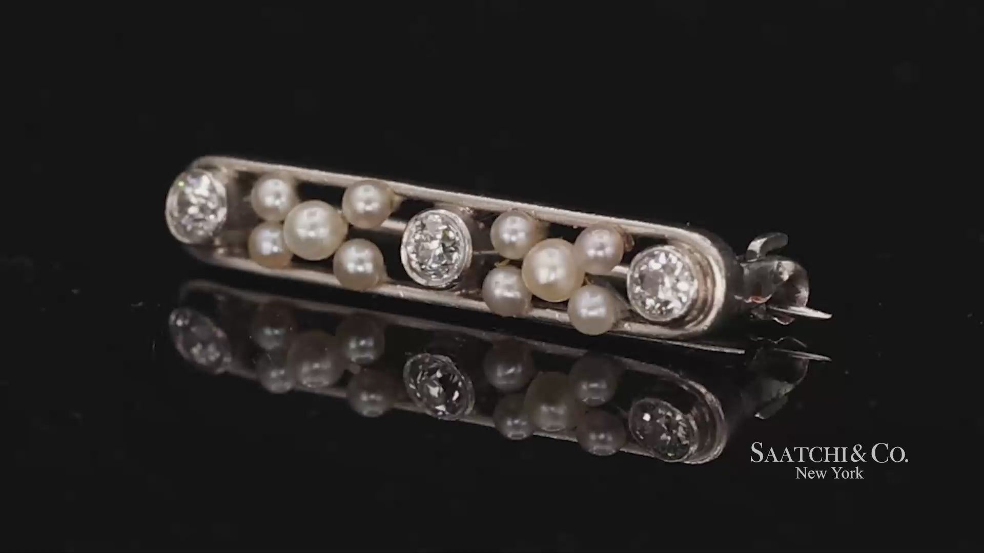 Platinum 950 Natural Round Pearl and Natural Diamond Brooch / Pin