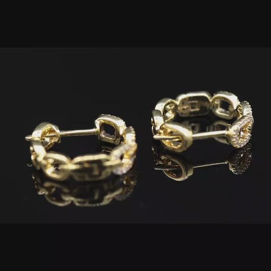 14K(585) Solid Yellow Gold Natural Diamond Link Chain Huggies Earrings