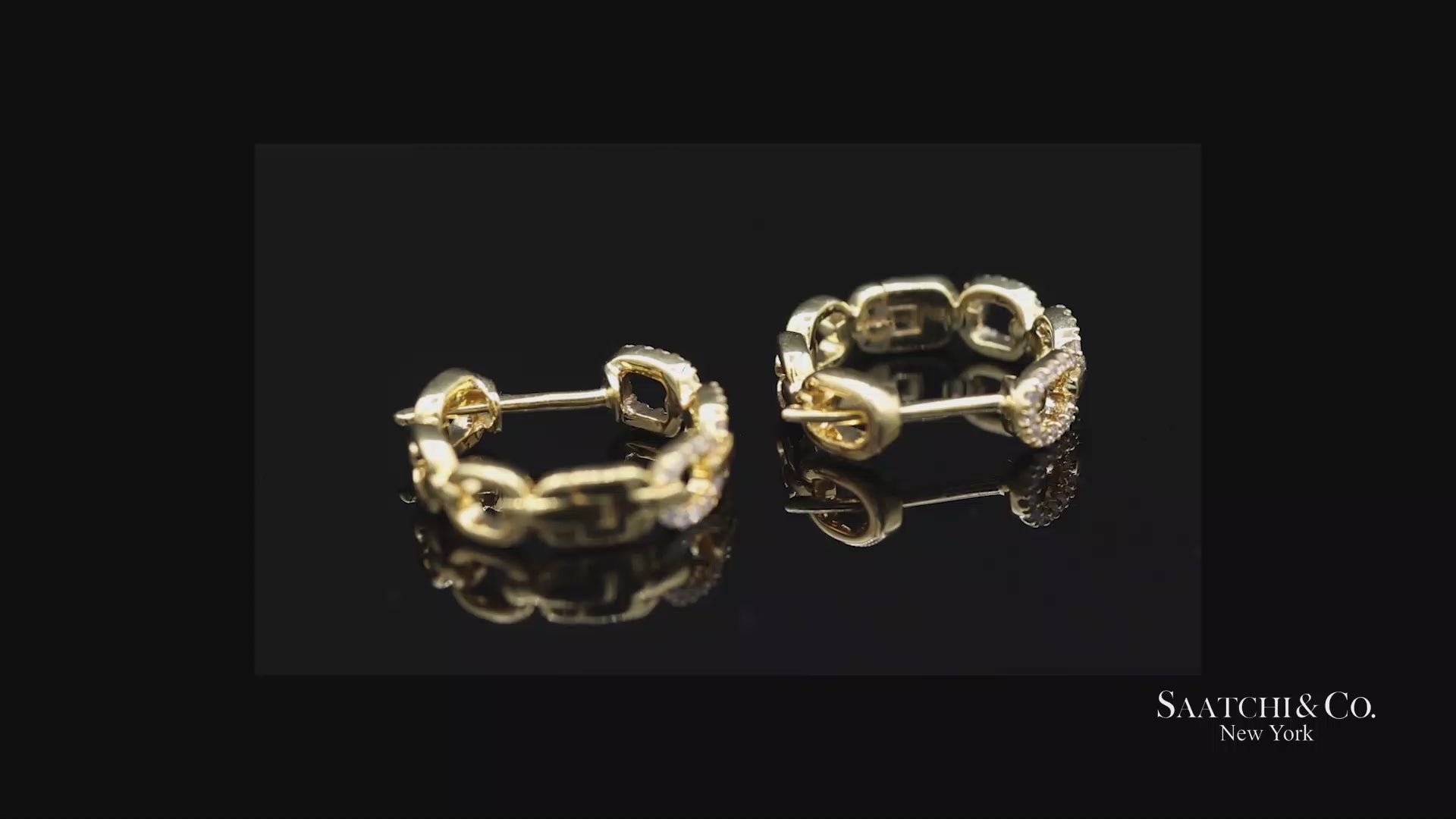 14K(585) Solid Yellow Gold Natural Diamond Link Chain Huggies Earrings