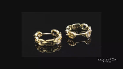 14K(585) Solid Yellow Gold Natural Diamond Link Chain Huggies Earrings