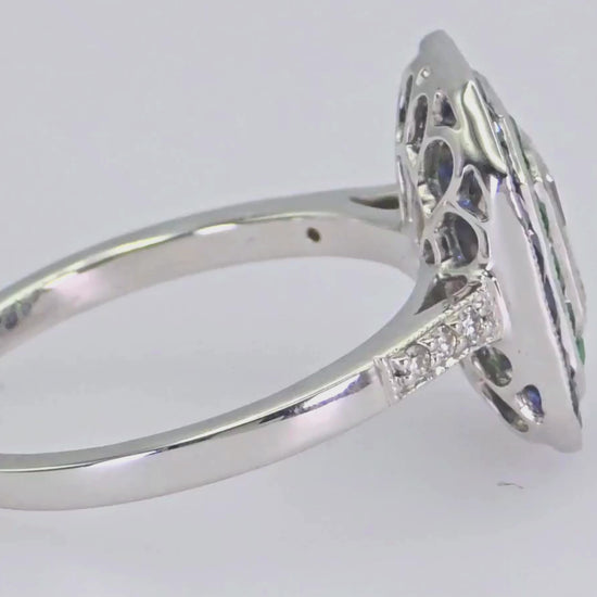 GIA - 18K (750) Emerald Shape Natural Round VVS Diamond Sapphire Emerald Ring