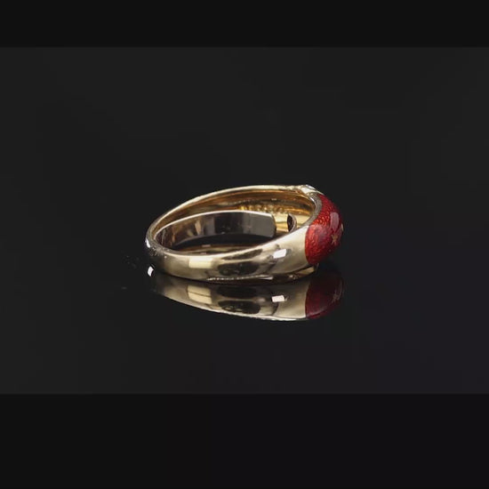 Vintage Faberge 18K (750) Solid Yellow Gold Red Enamel Diamond Ring