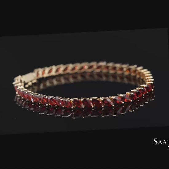 Vintage 14K 585 Solid Yellow Gold Red Garnet Marquise Cut Tennis Bracelet