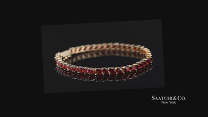 Vintage 14K 585 Solid Yellow Gold Red Garnet Marquise Cut Tennis Bracelet
