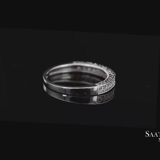 14K 585 Solid White Gold Side Engraving Milgrain Natural Diamond Band Ring