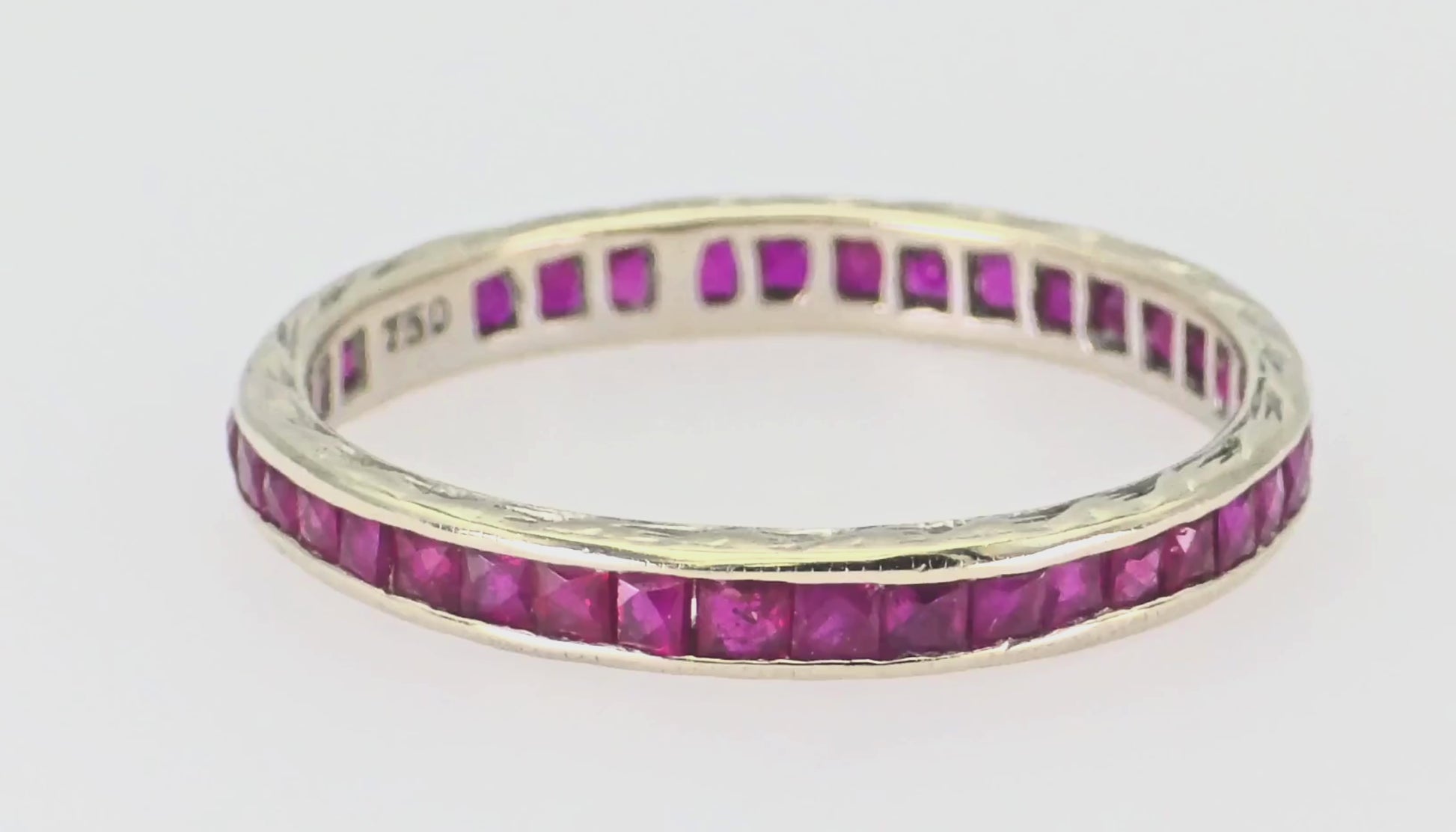 18k (750) White Gold Ruby Wedding Band Engraved, Size 6.5