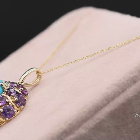 14K Yellow Gold Carlo Viani Turquoise and Amethyst Pendant Necklace with Chain