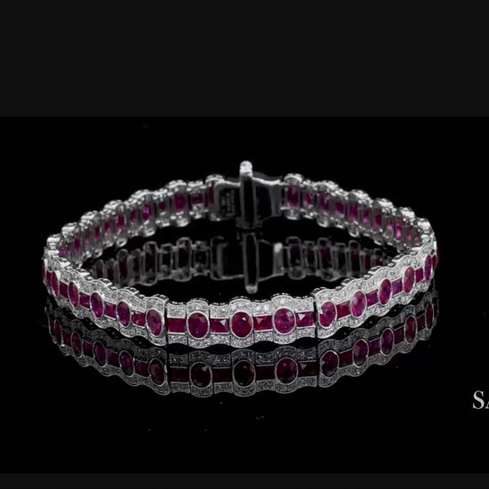 14K White Gold Natural Ruby Diamond Tennis Bracelet Milgrain Setting