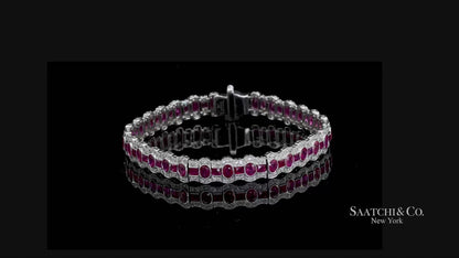 14K White Gold Natural Ruby Diamond Tennis Bracelet Milgrain Setting