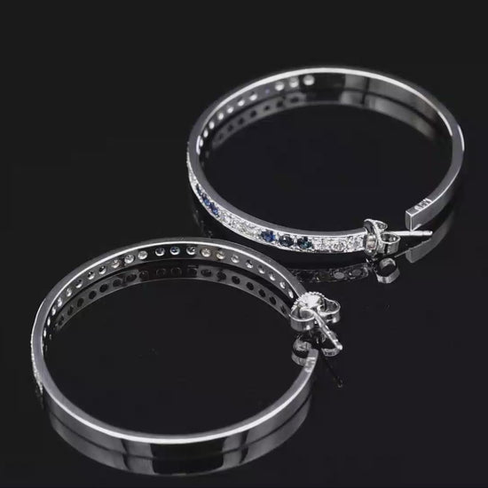 18K(750) Solid White Gold Natural Diamond and Sapphire Hoops Earrings