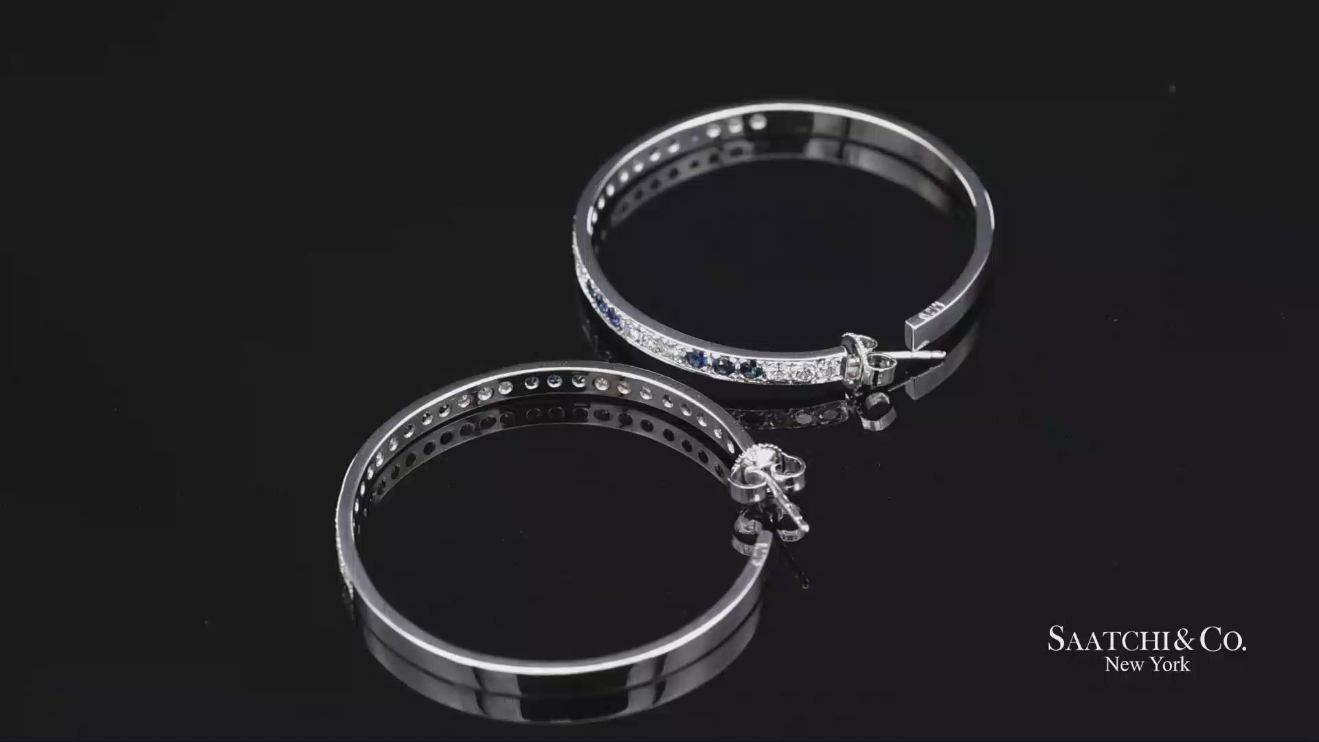 18K(750) Solid White Gold Natural Diamond and Sapphire Hoops Earrings