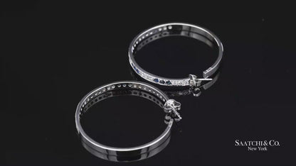 18K(750) Solid White Gold Natural Diamond and Sapphire Hoops Earrings