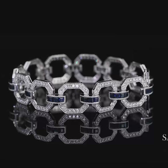 18k Sapphire Diamond Bracelet Womens White Gold 7.42in Milgrain Art Deco