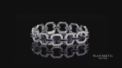 18k Sapphire Diamond Bracelet Womens White Gold 7.42in Milgrain Art Deco