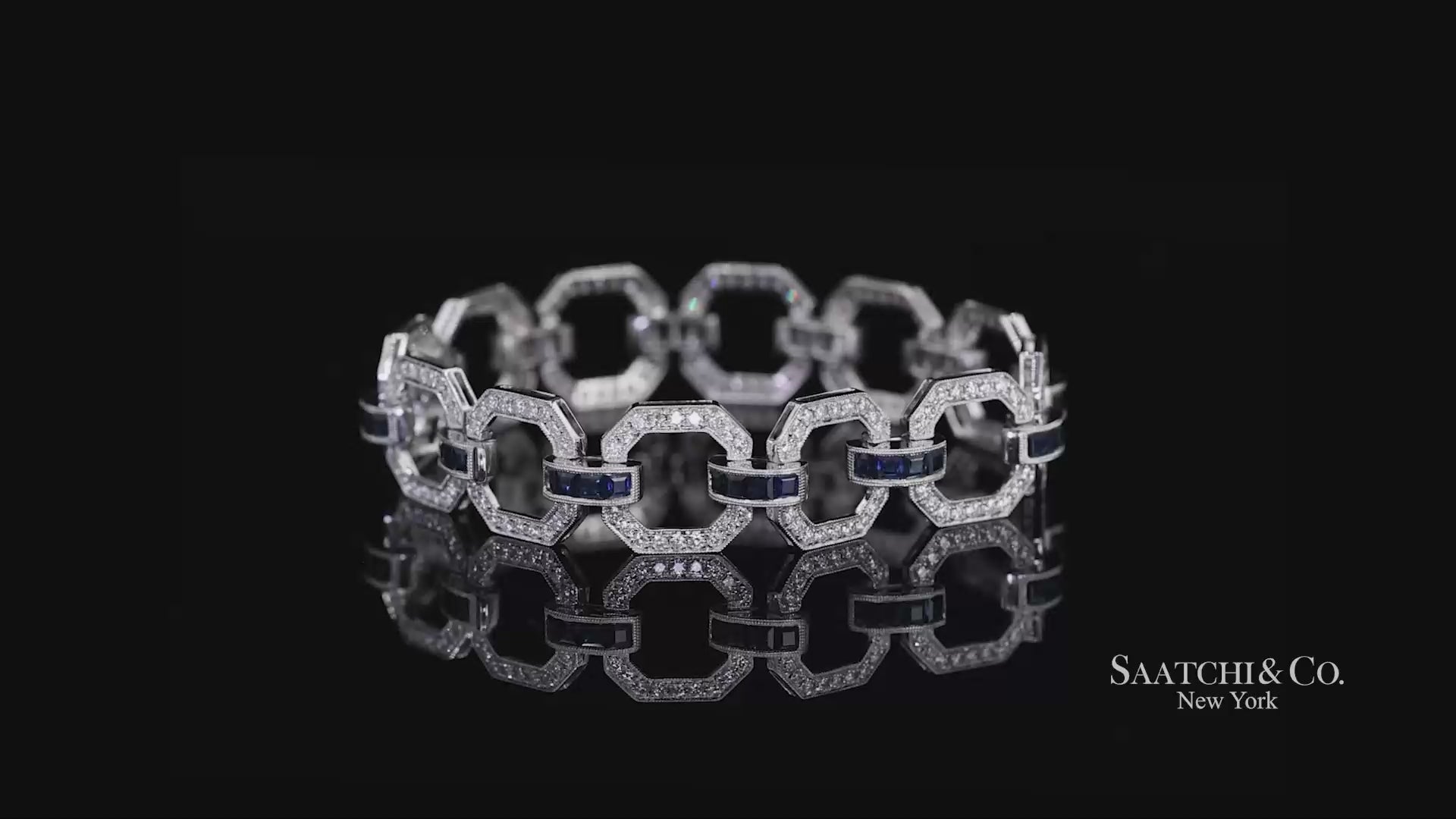 18k Sapphire Diamond Bracelet Womens White Gold 7.42in Milgrain Art Deco