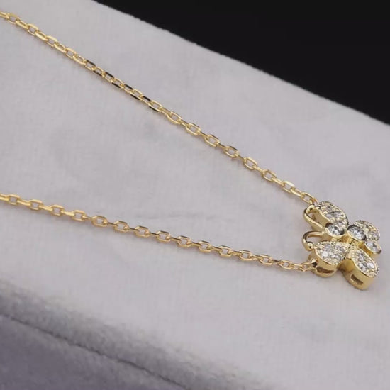 14K(585) Yellow Gold Natural Diamond Butterfly Pendant Necklace with Chain