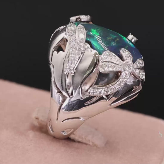 18K (750) White Gold Natural Pear Opal and Diamond Wide Ring