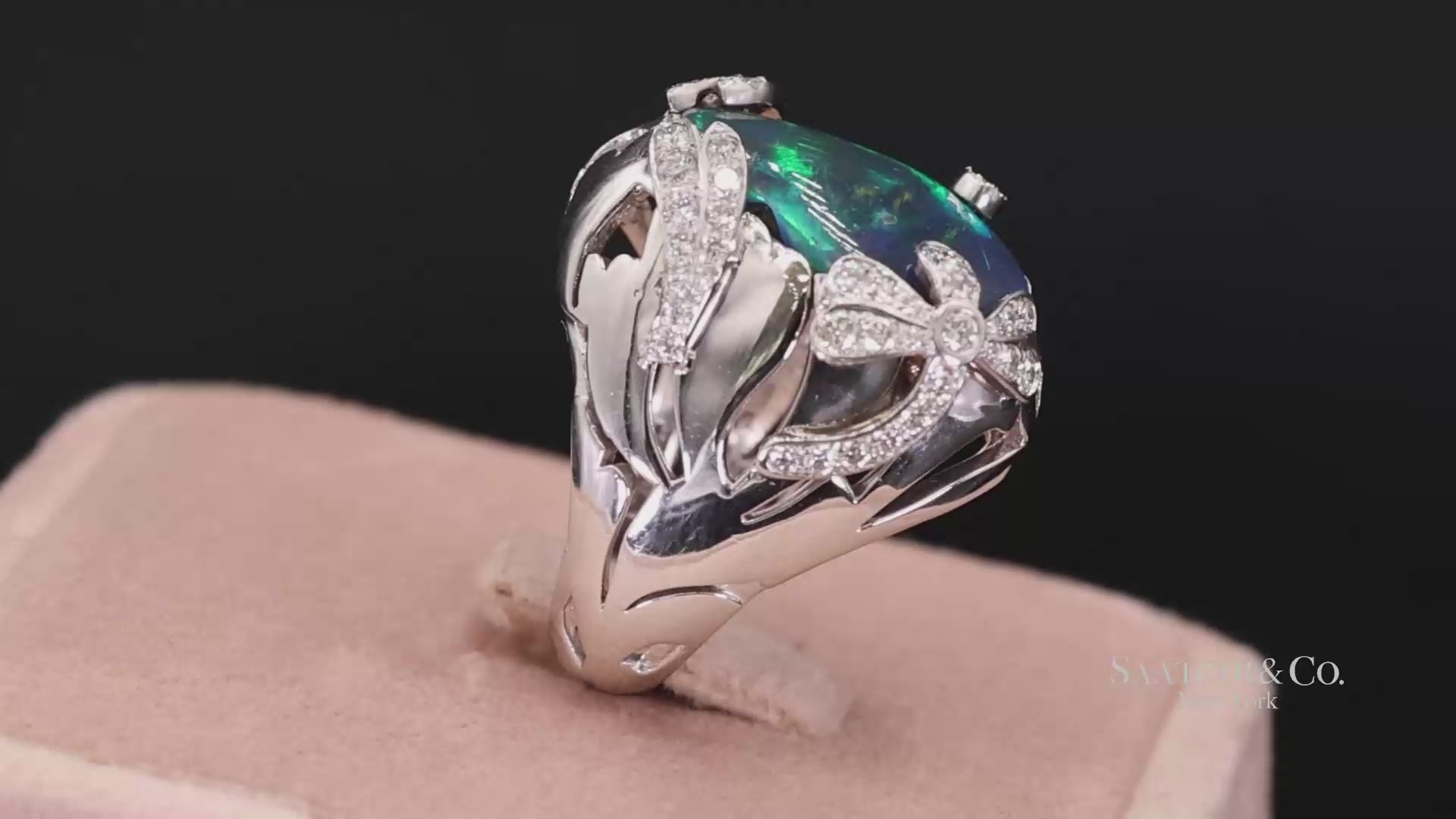 18K (750) White Gold Natural Pear Opal and Diamond Wide Ring