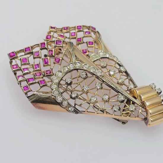 18k Vintage Pink And White Gold Natural Diamond and Pink Sapphire: Pin/ Brooch