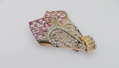 18k Vintage Pink And White Gold Natural Diamond and Pink Sapphire: Pin/ Brooch