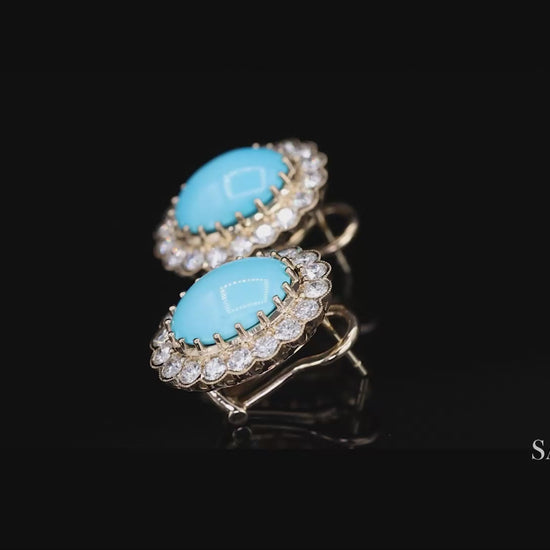 18K Natural Persian Turquoise Diamond Earrings Women Omega Back Style