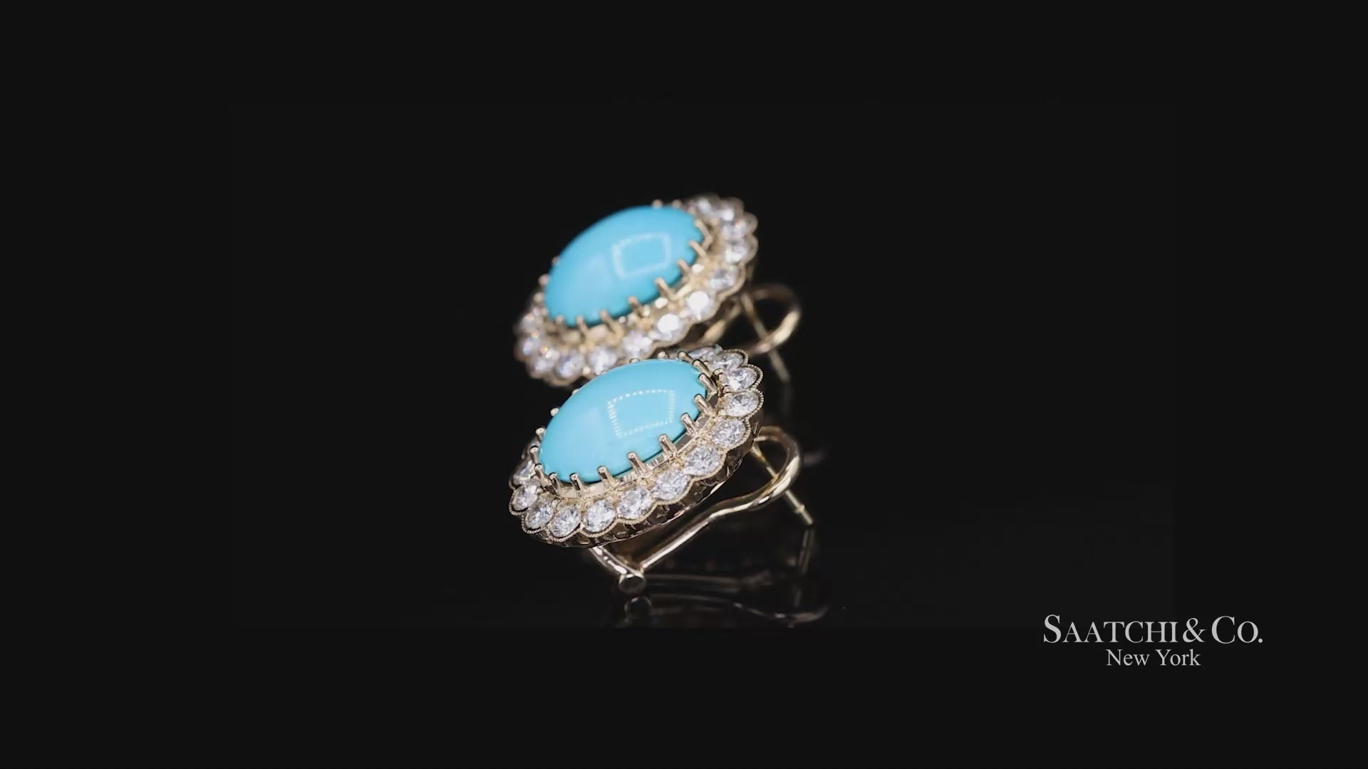 18K Natural Persian Turquoise Diamond Earrings Women Omega Back Style