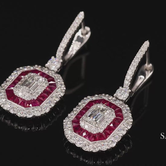 Platinum 950 Dangling Natural Ruby and Diamond Earring