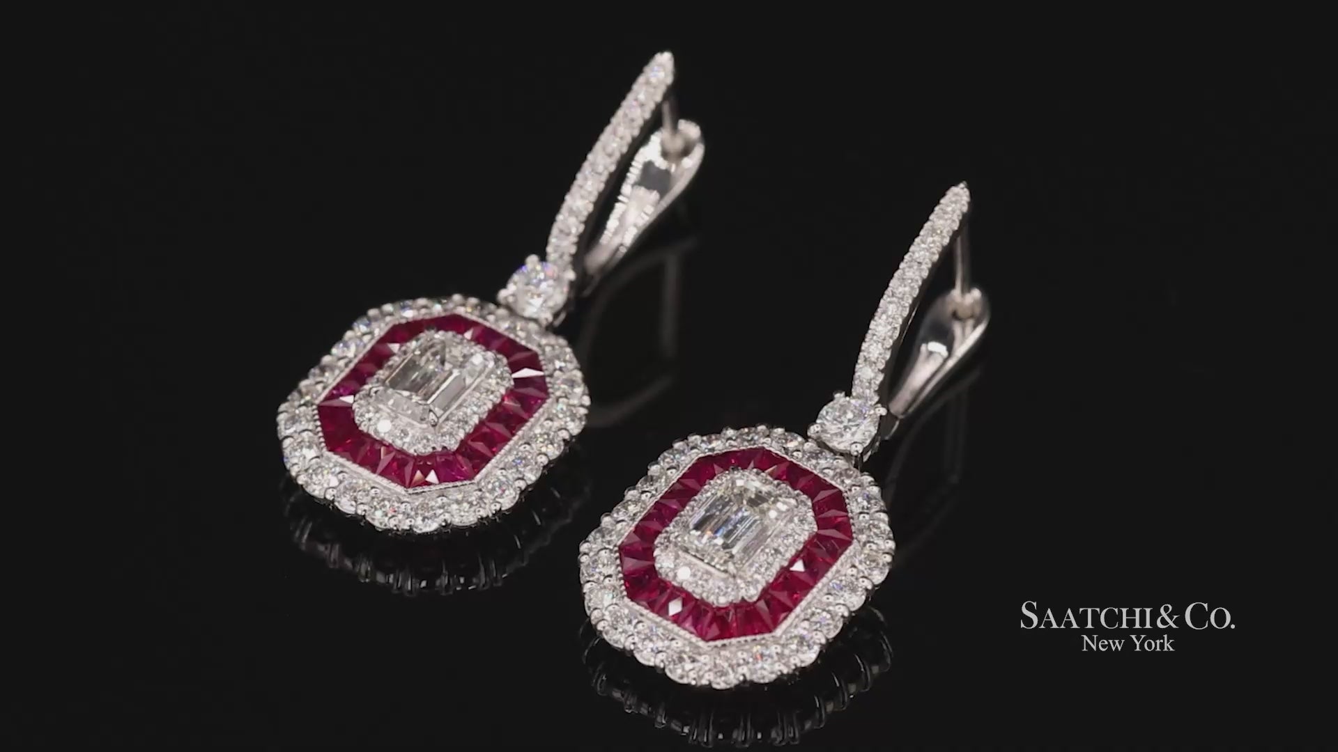 Platinum 950 Dangling Natural Ruby and Diamond Earring