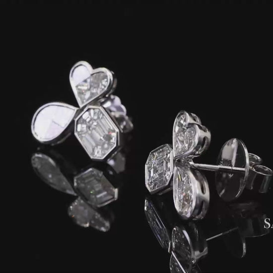 18K White Gold Pie Cut Pear and Emerald Shape Natural Diamond Earring