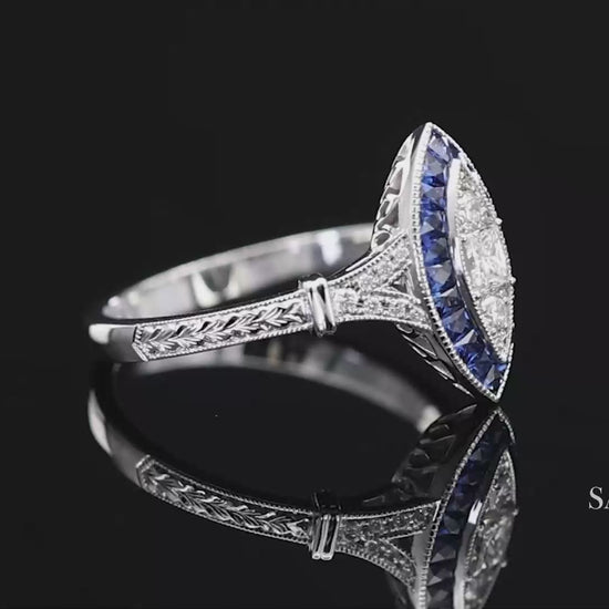 18K (750) White Gold Natural Diamond and Sapphire Marquise Milgrain Ring