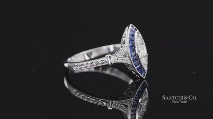 18K (750) White Gold Natural Diamond and Sapphire Marquise Milgrain Ring