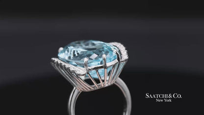 18K(750) Solid Vintage White Gold Natural Diamond and Blue Topaz Ring