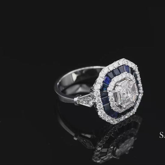 18K(750) White Gold Royal Blue Sapphire and Asscher Pie Cut Natural Diamond Ring