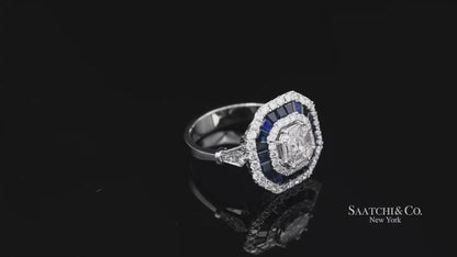 18K(750) White Gold Royal Blue Sapphire and Asscher Pie Cut Natural Diamond Ring