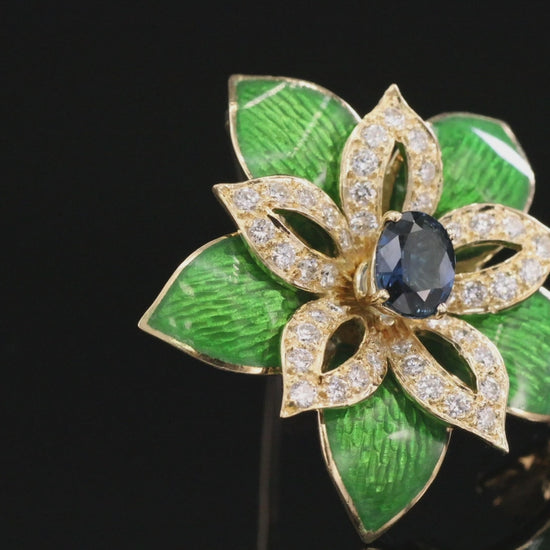 18K (750) Yellow Gold Green Enamel Sapphire Diamond Pin / Brooch