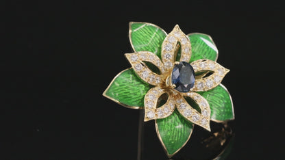 18K (750) Yellow Gold Green Enamel Sapphire Diamond Pin / Brooch